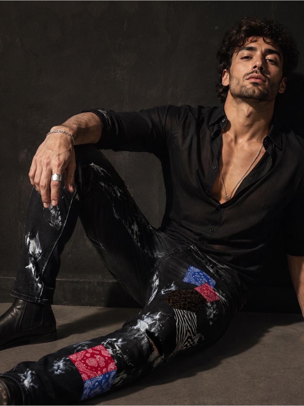 KDNK KND4387 Jeans Size 38 Black Patchwork Paint Splatter Stretch
